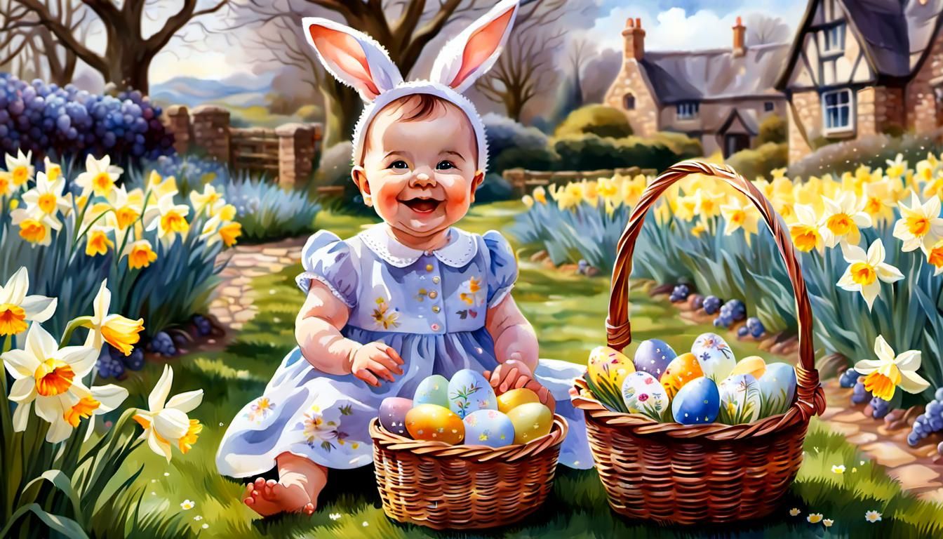 Cute Easter Bunny Baby in Spring Garden Watercolor