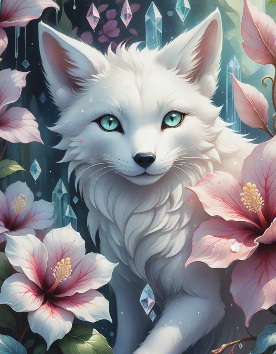 White Kitsune Behind Crystal Hibiscus: Watercolor Art