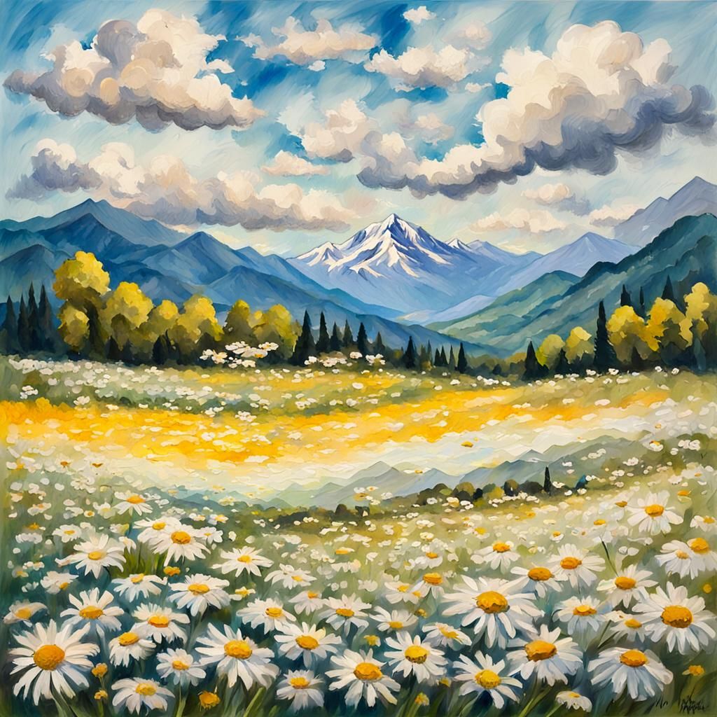 Daisy Field: Gouache and Watercolor Impressionist Painting