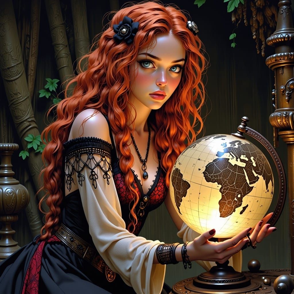 Red-Haired Sorceress Gazing at Globe, Mystical Concept Art