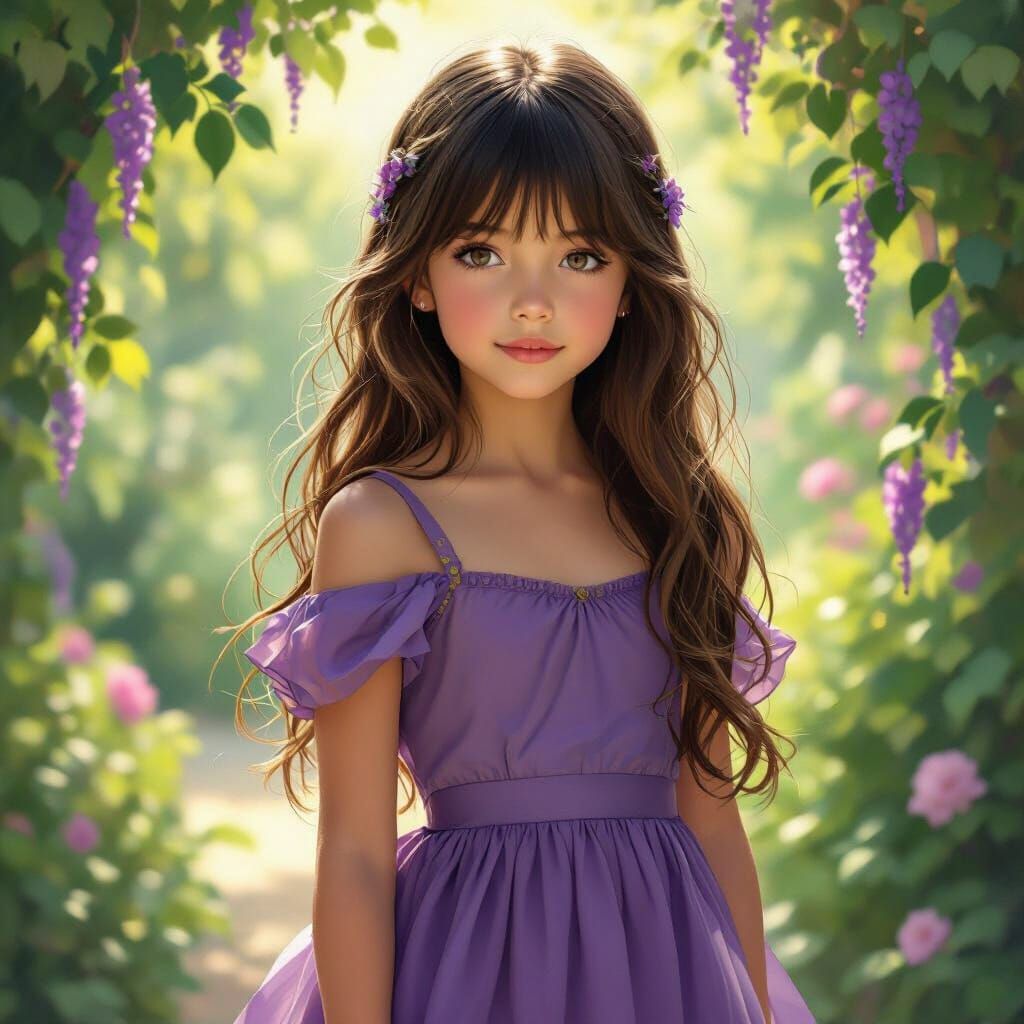 Girl in Purple Dress in Sunlit Garden