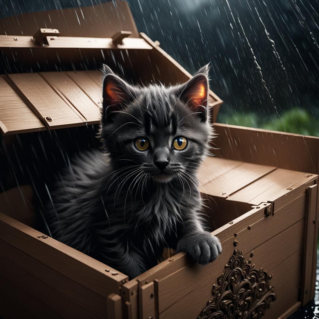 Kitten in Box Hiding from Rainstorm
