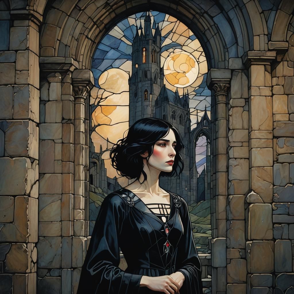 Gothic Woman in Ruined Castle, Stained Glass Art