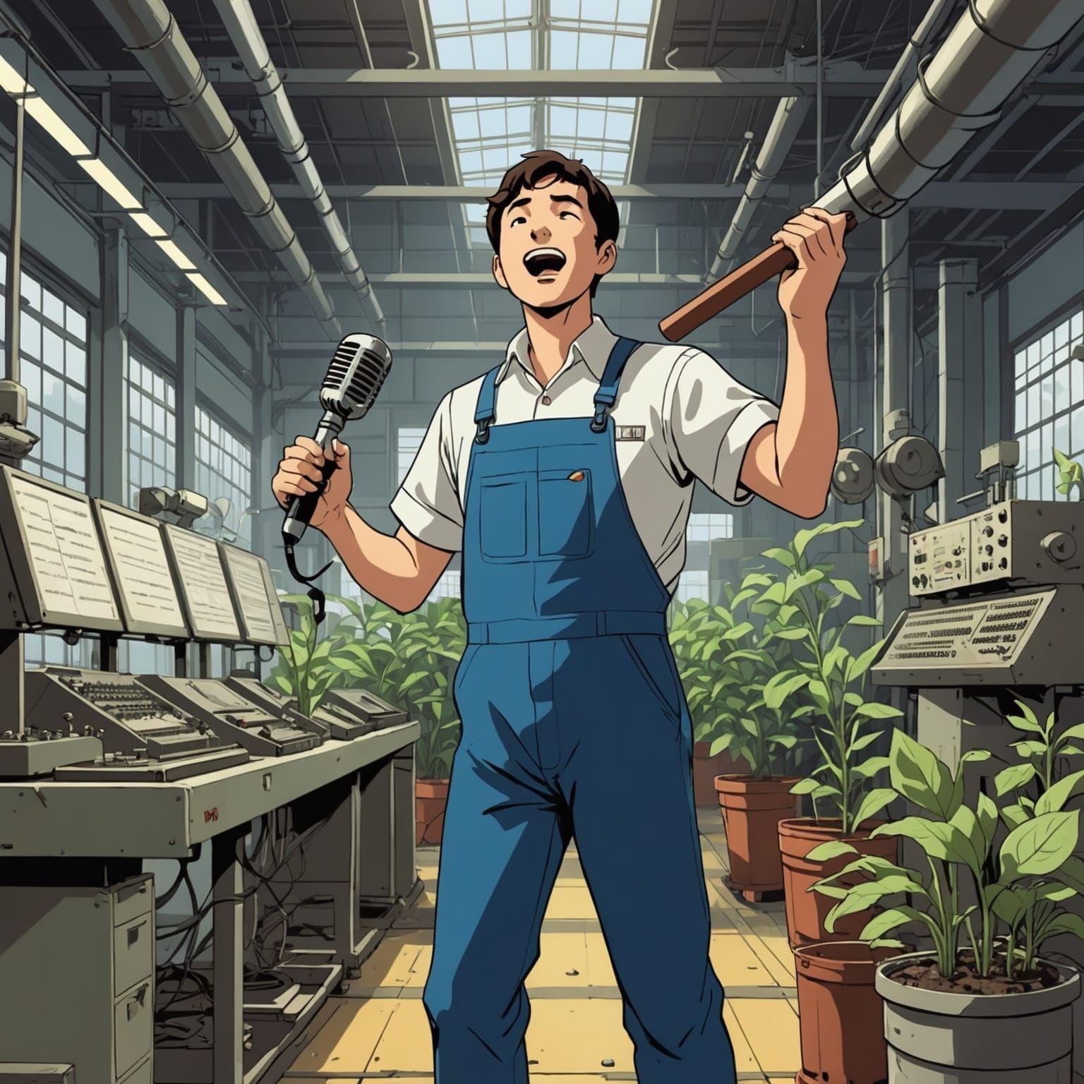 Factory Worker Singing: 1960s Cartoon Style