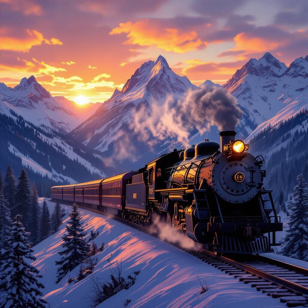Steam Train Sunrise Over Snowy Mountains