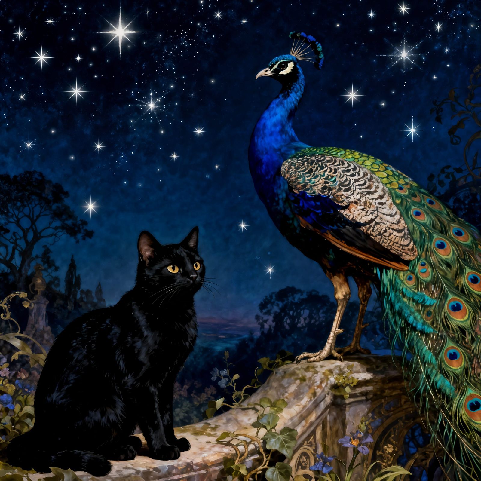 Black  cat, peacock, twinkling stars (8 likes)