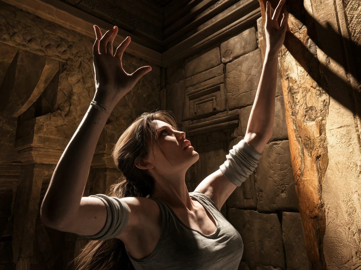 Photorealistic Lara Croft Raising Arms in Ancient Tomb