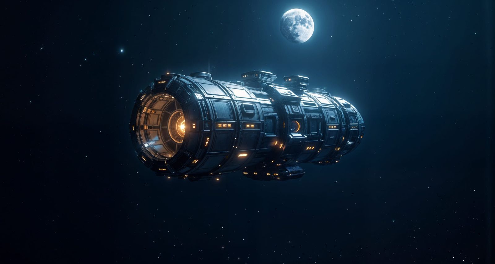 Cylindrical Space Station Hovers in Dark Space