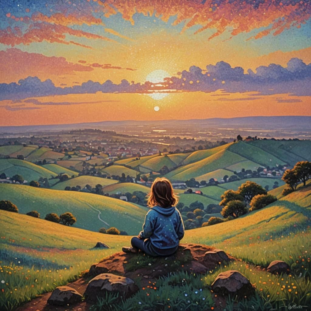 Little Girl on Hill in Pointillism Style