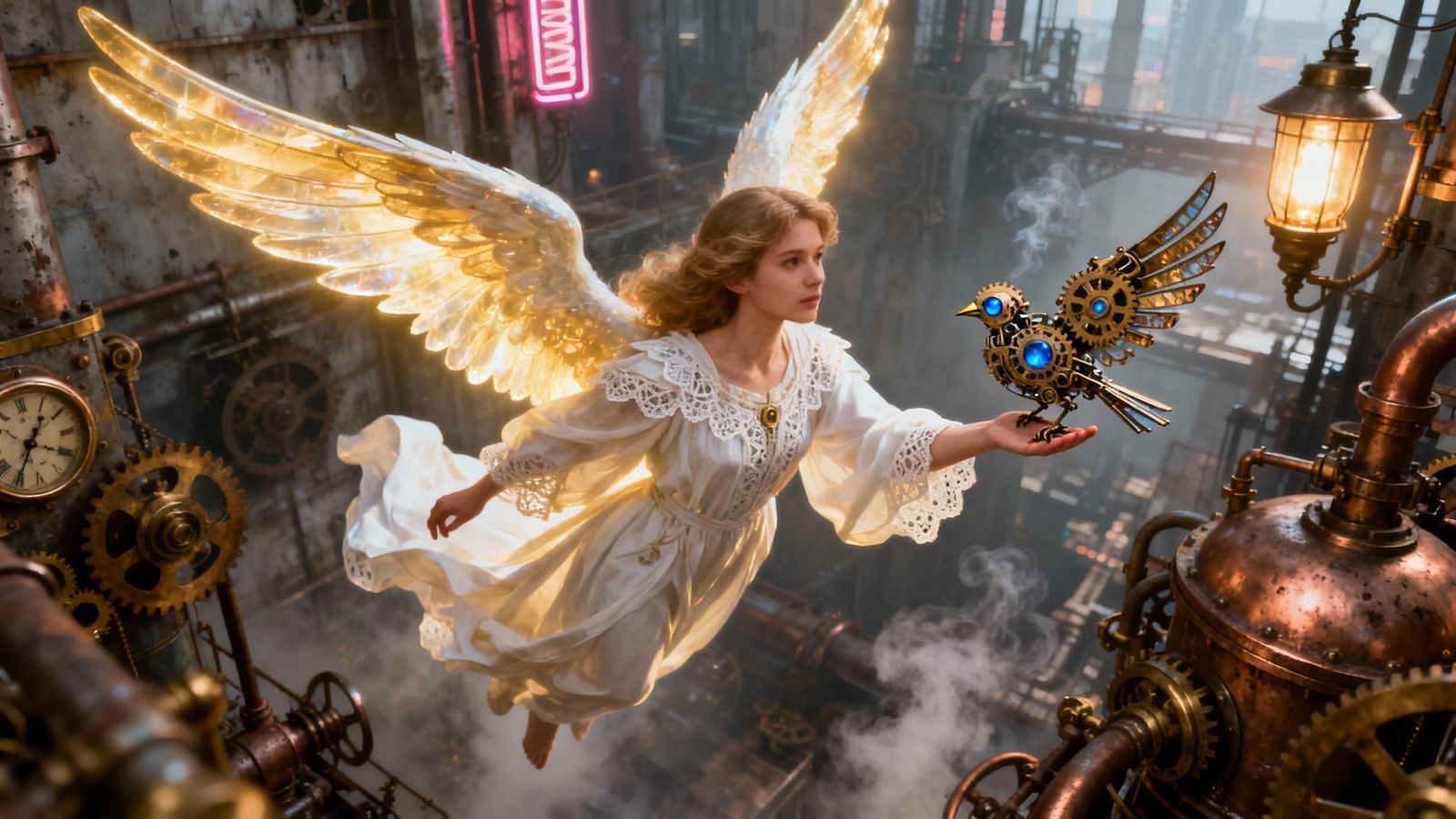 Angel Descends with Mechanical Bird into Steampunk City