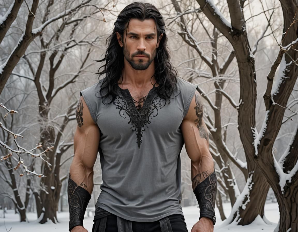 Snow Elf Male with Tattoos Posing by Willow Tree