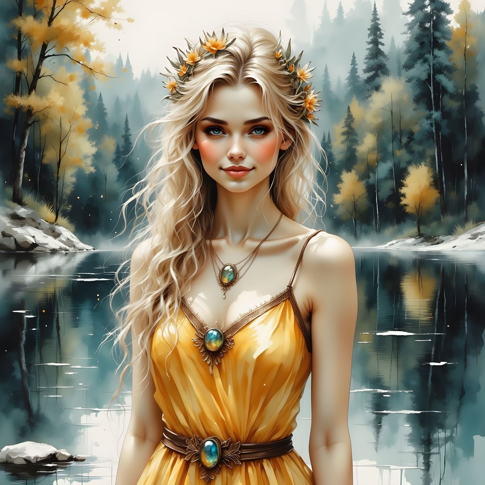 Norse Goddess by Lake in Romantic Fantasy Style