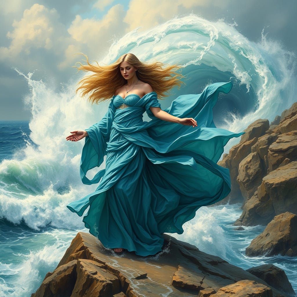 Mystical Ocean Goddess Unleashes Turbulent Stormy Seascape