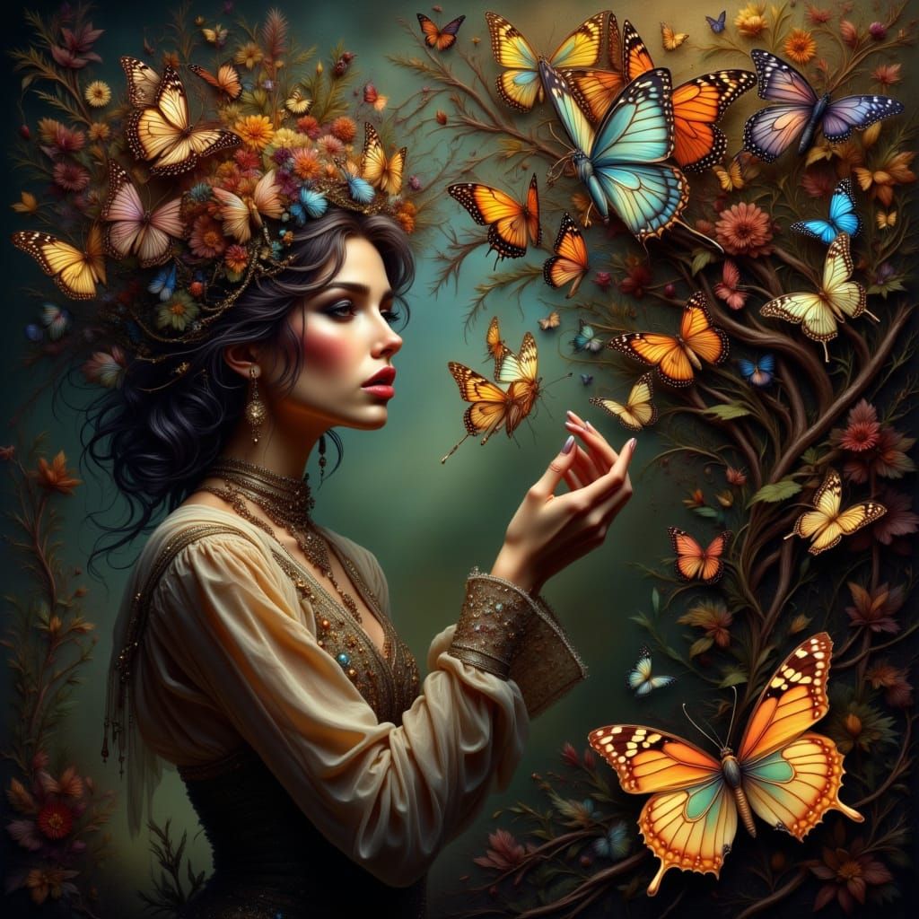 Art Nouveau Punk Woman with Butterflies