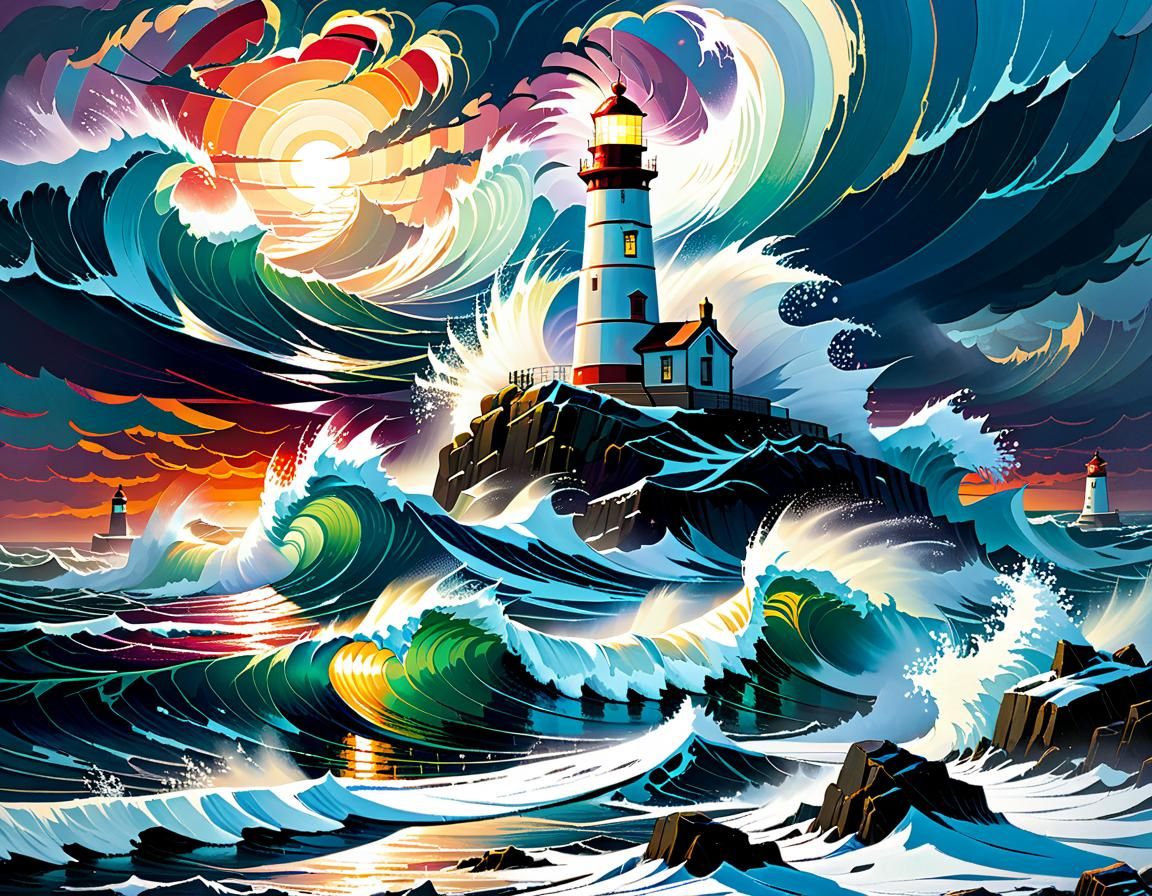 Lighthouse in Winter Storm: Expressionist Comic Book Art