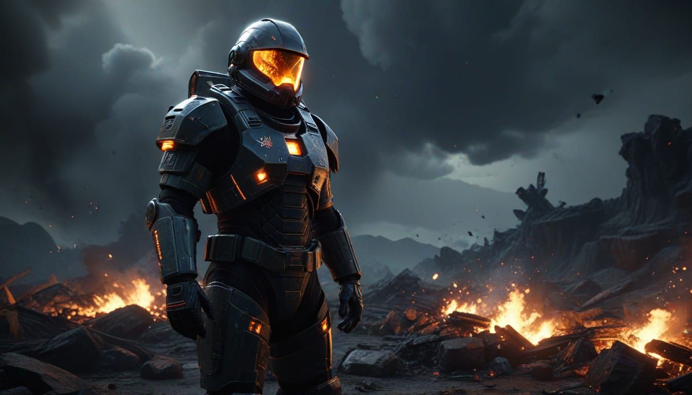 Gritty Spacesuit Commander in a Burning Battlefield