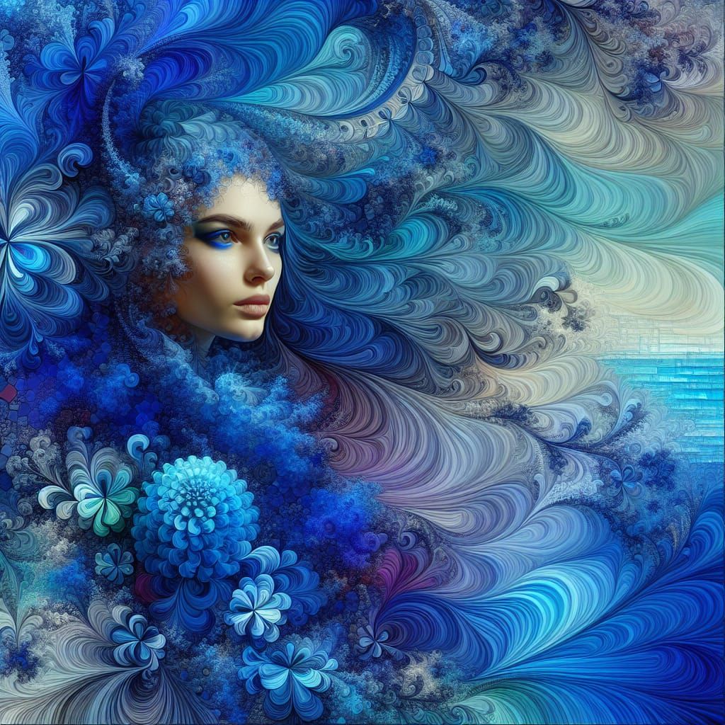 Youthful Lady in Azure Toned Fractal Landscape with Kinetic....