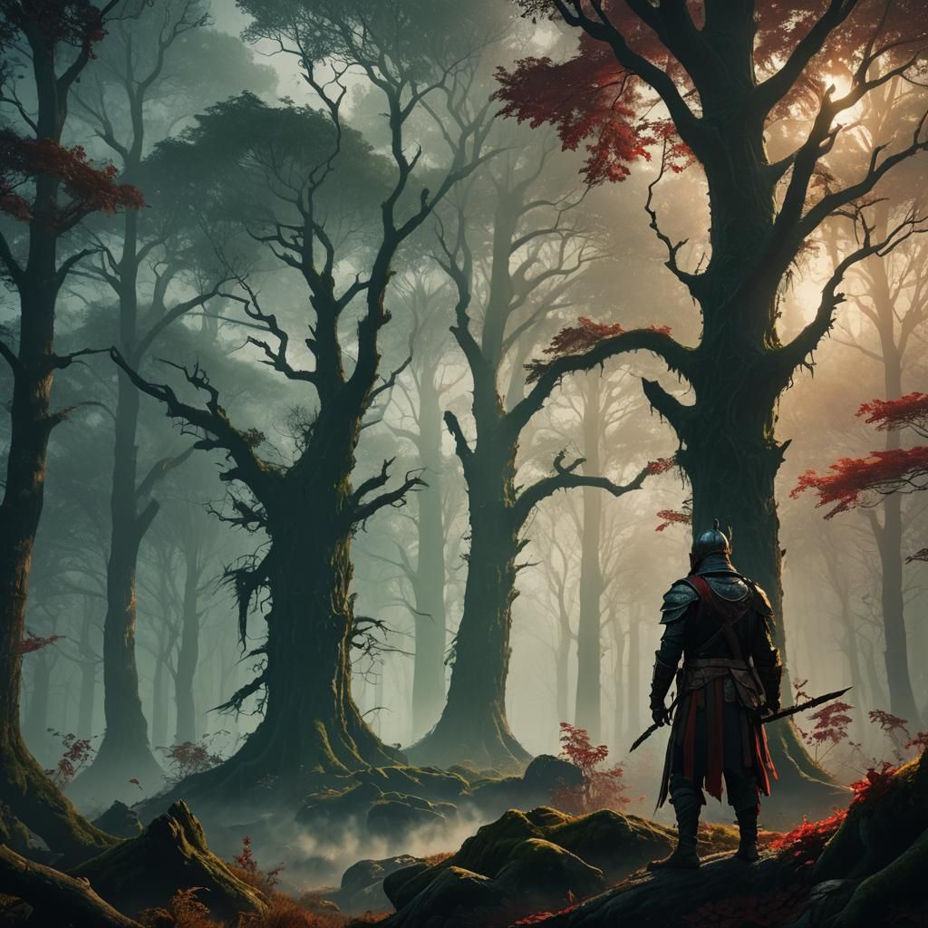 Mystical Forest Warrior in Dark Fantasy Style