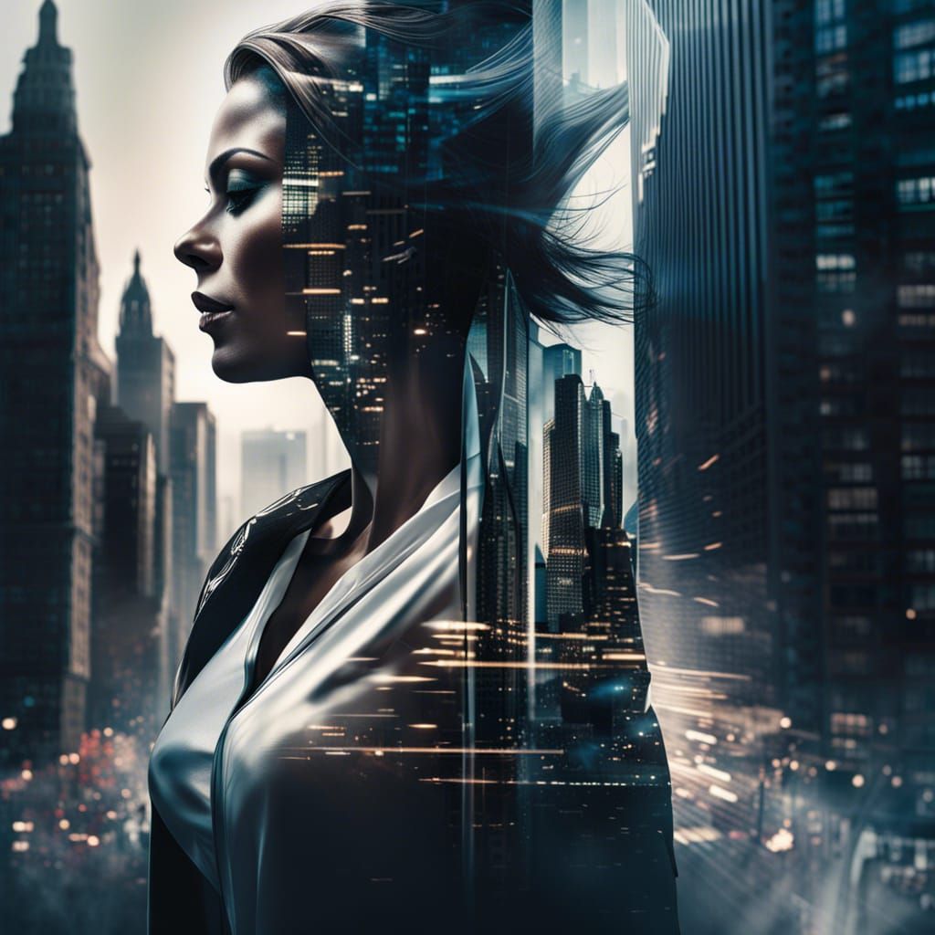 Cityscape and Woman Double Exposure in Digital Art