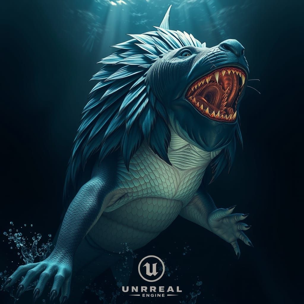 Menacing Lion-Shark Hybrid in Dark Oceanic Abyss
