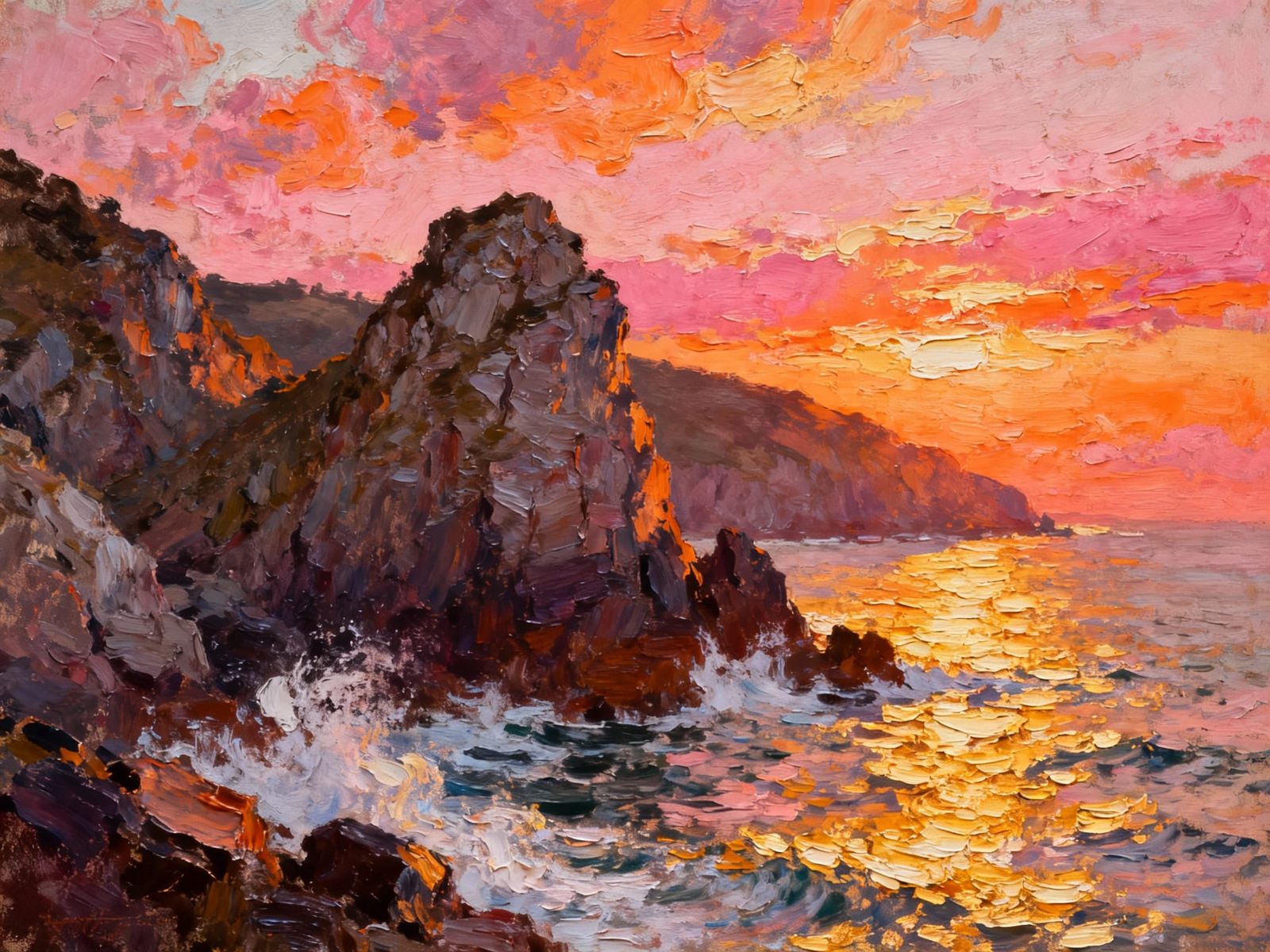 Impasto Seascape Sunset Over Ilfracombe Rocks