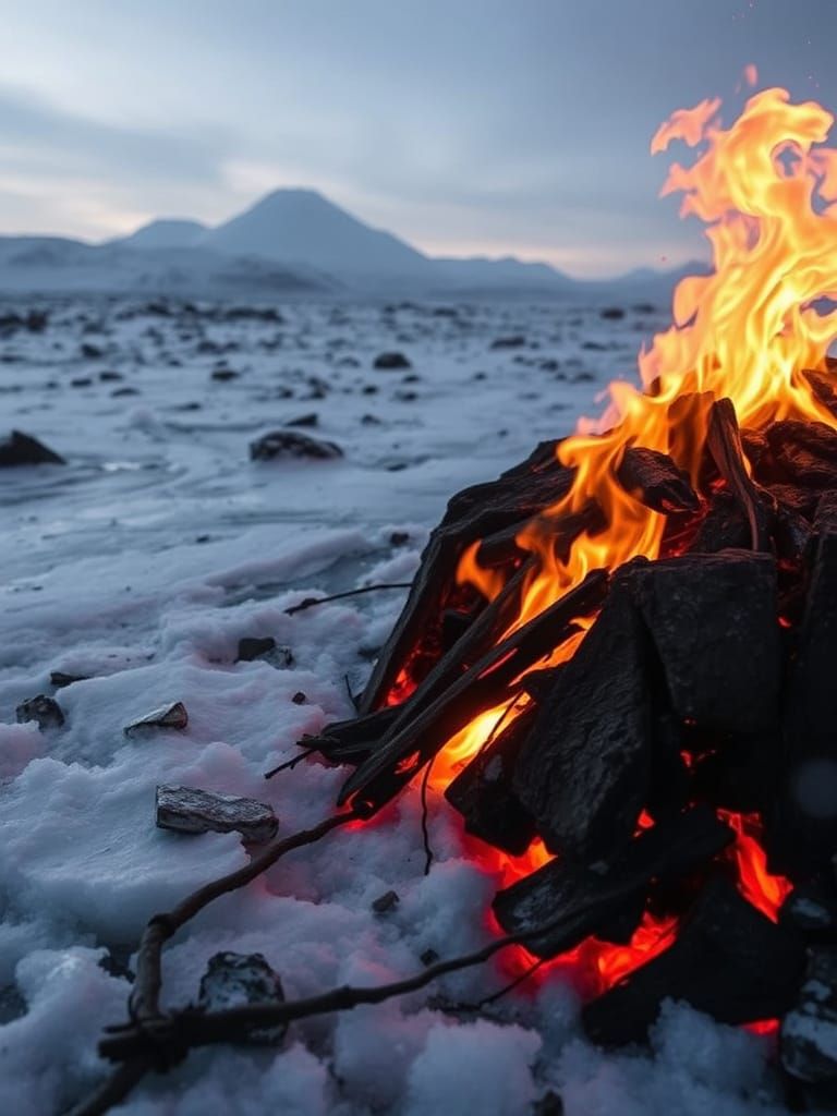fire burns above icy ground