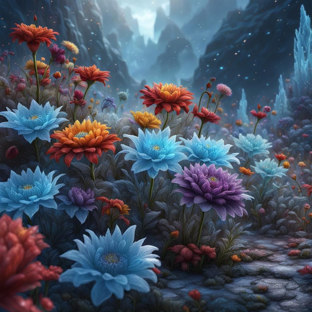 Frosty Flowers: Detailed Matte Painting in Deep Color