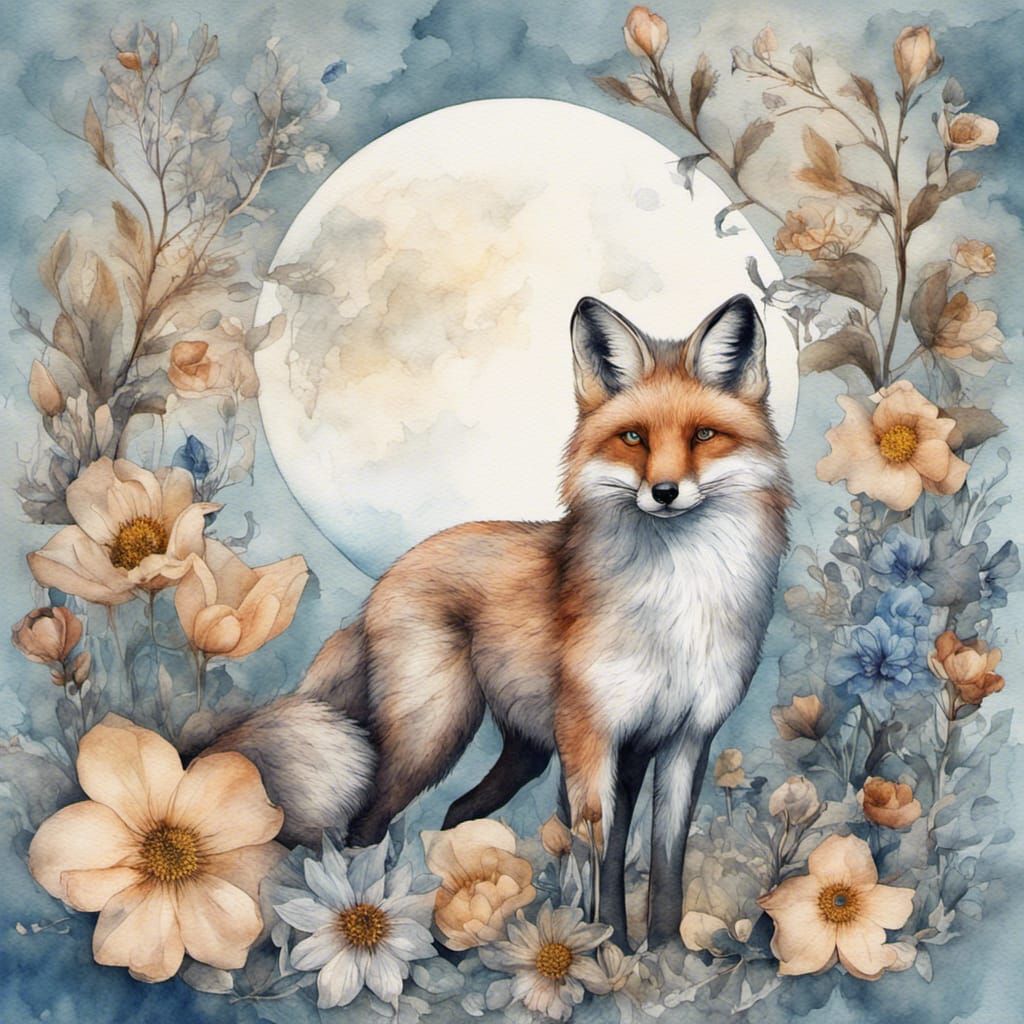 Blue Fox with Wildflowers in Watercolor Style