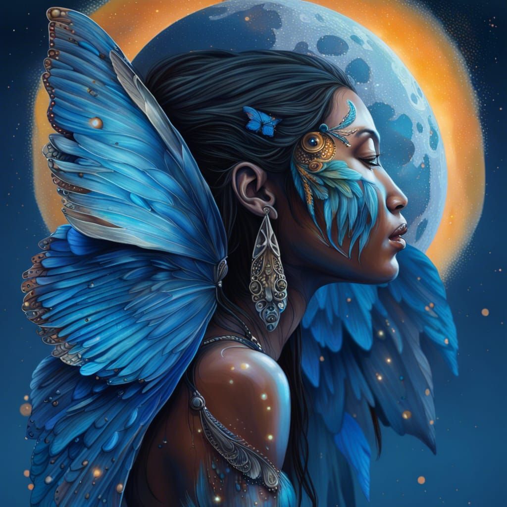 Native American Woman with Butterfly Wings in Moonlight