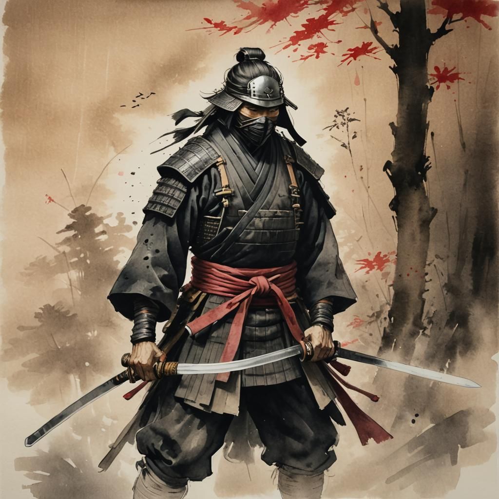 Samurai Ninja in Ink Wash Painting Style