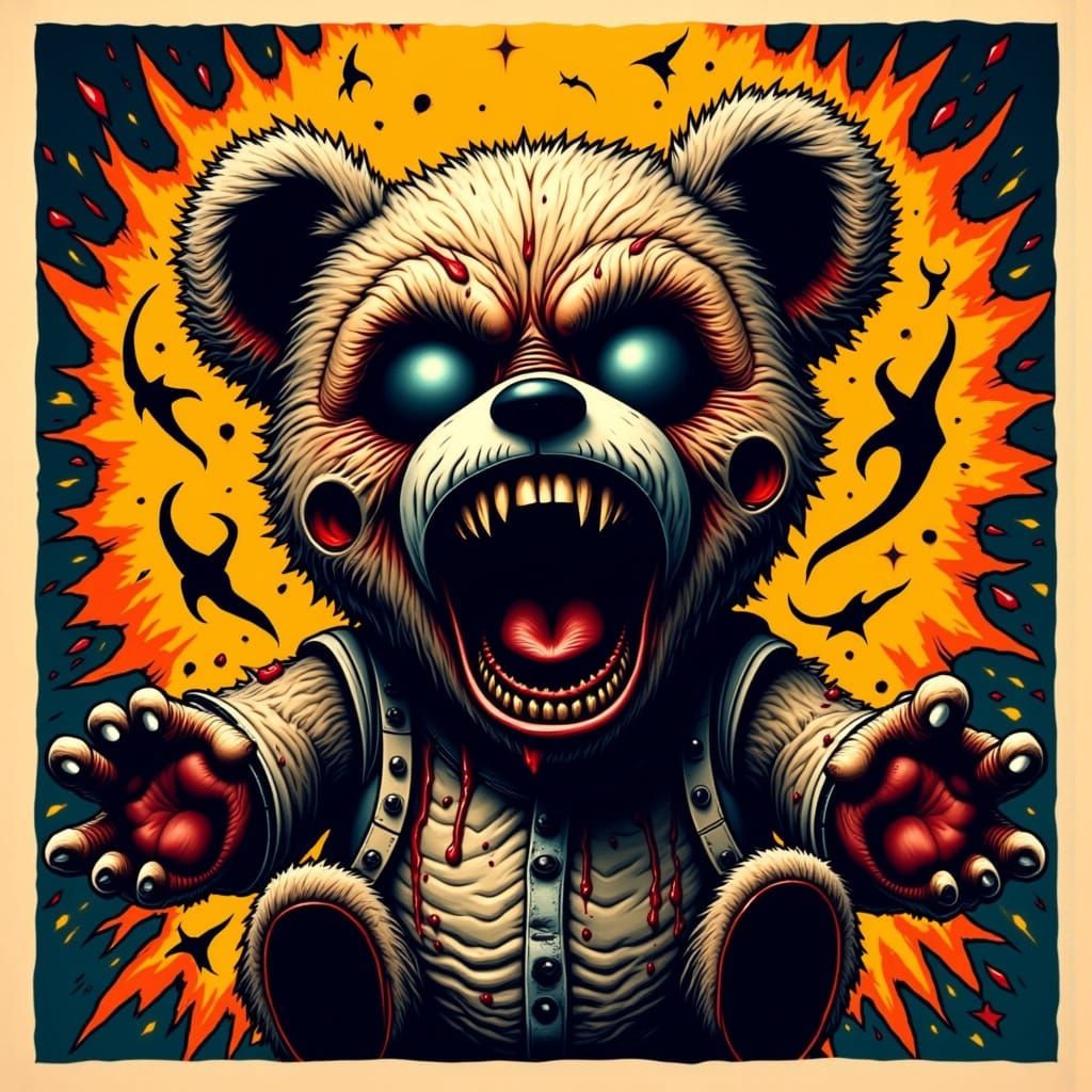 Cyberpunk Teddy Bear in Agony, Set Against a Bold Graphic Ba...