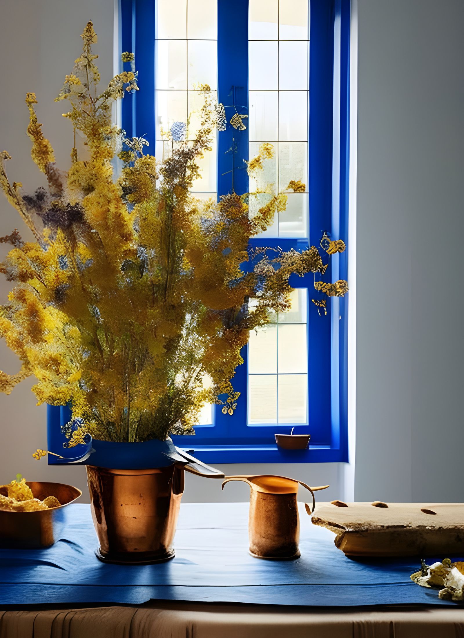 Hyperrealist Flowers on Butcher Table, Vermeer and Pollock