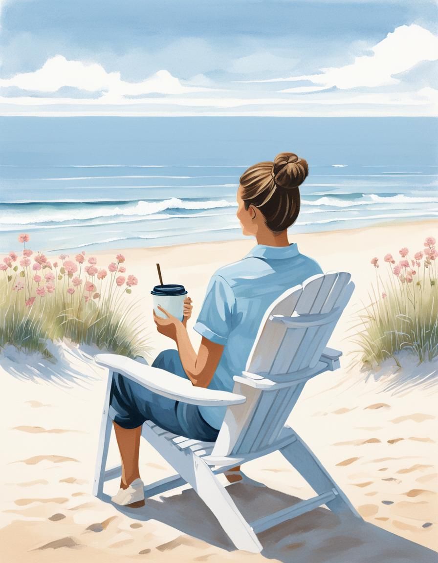 Serene Beach Scene with Woman in Adirondack Chair