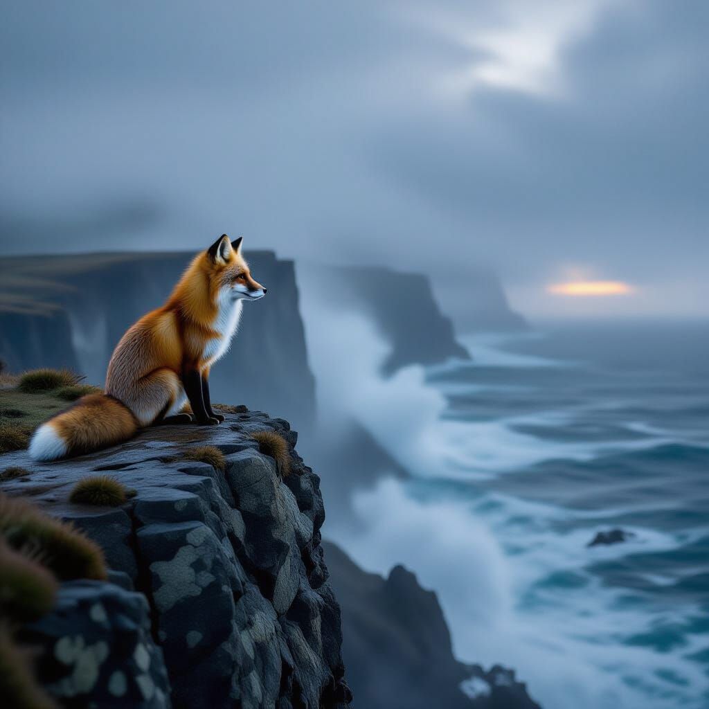 Hyperrealistic Fox on Cliff Overlooking Foggy Ocean