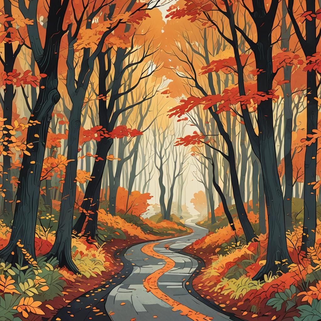 Winding Autumn Path Illustration in Graphic Novel Style