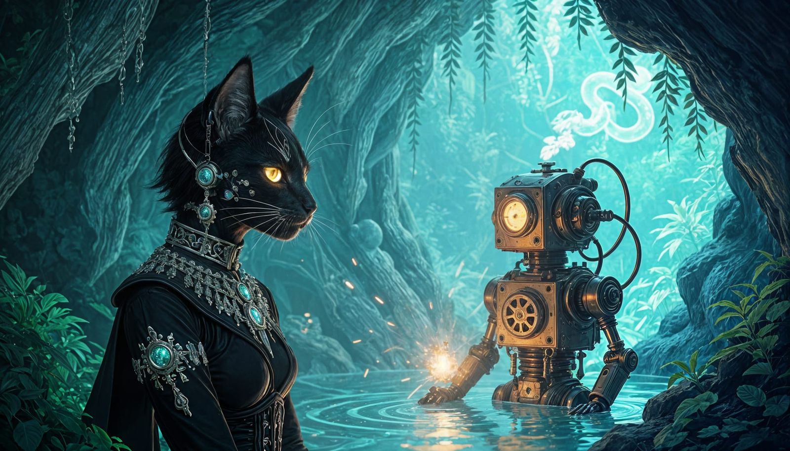 Feline Humanoid Observes Steampunk Automaton in Bioluminesce...