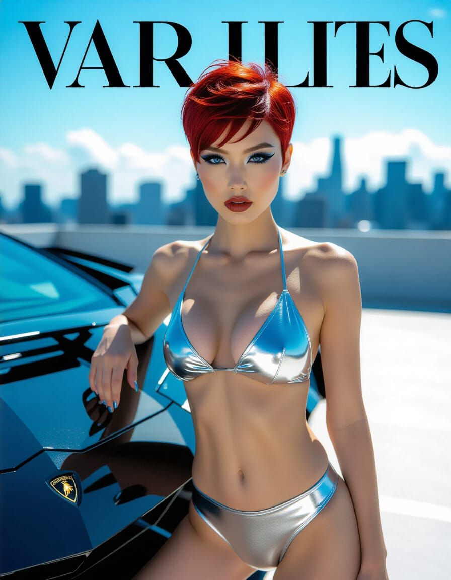 Red Haired Woman Poses with Lamborghini in Gothic Style