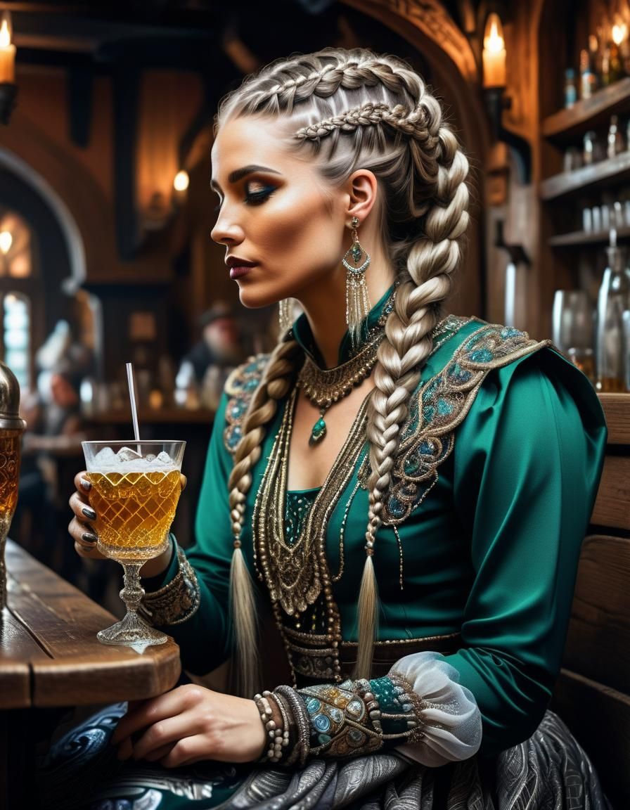 Bearded Woman Enjoying Drink in Fantasy Tavern