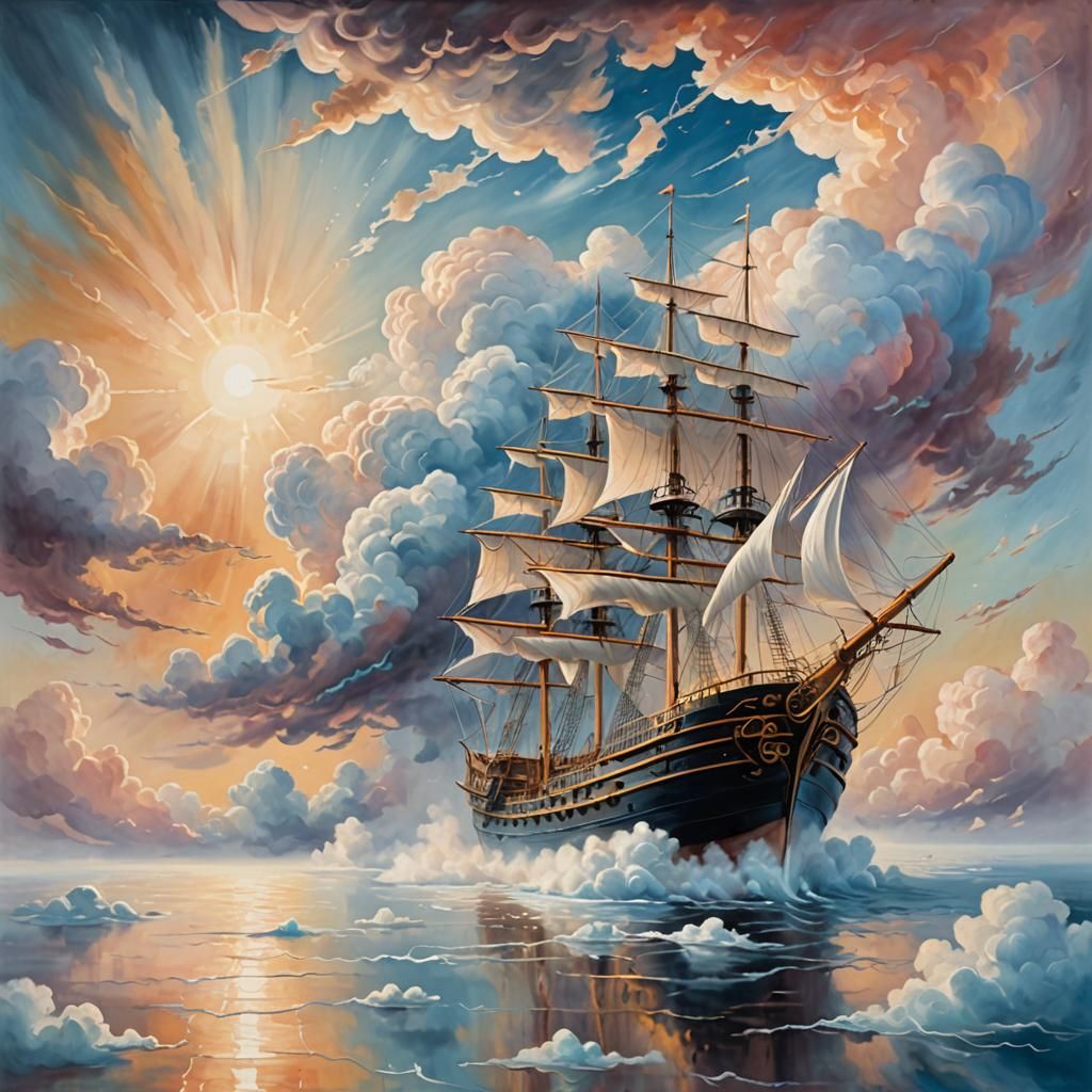 Cloud Ship Sailing in Dreamy Surrealist Cloudscape