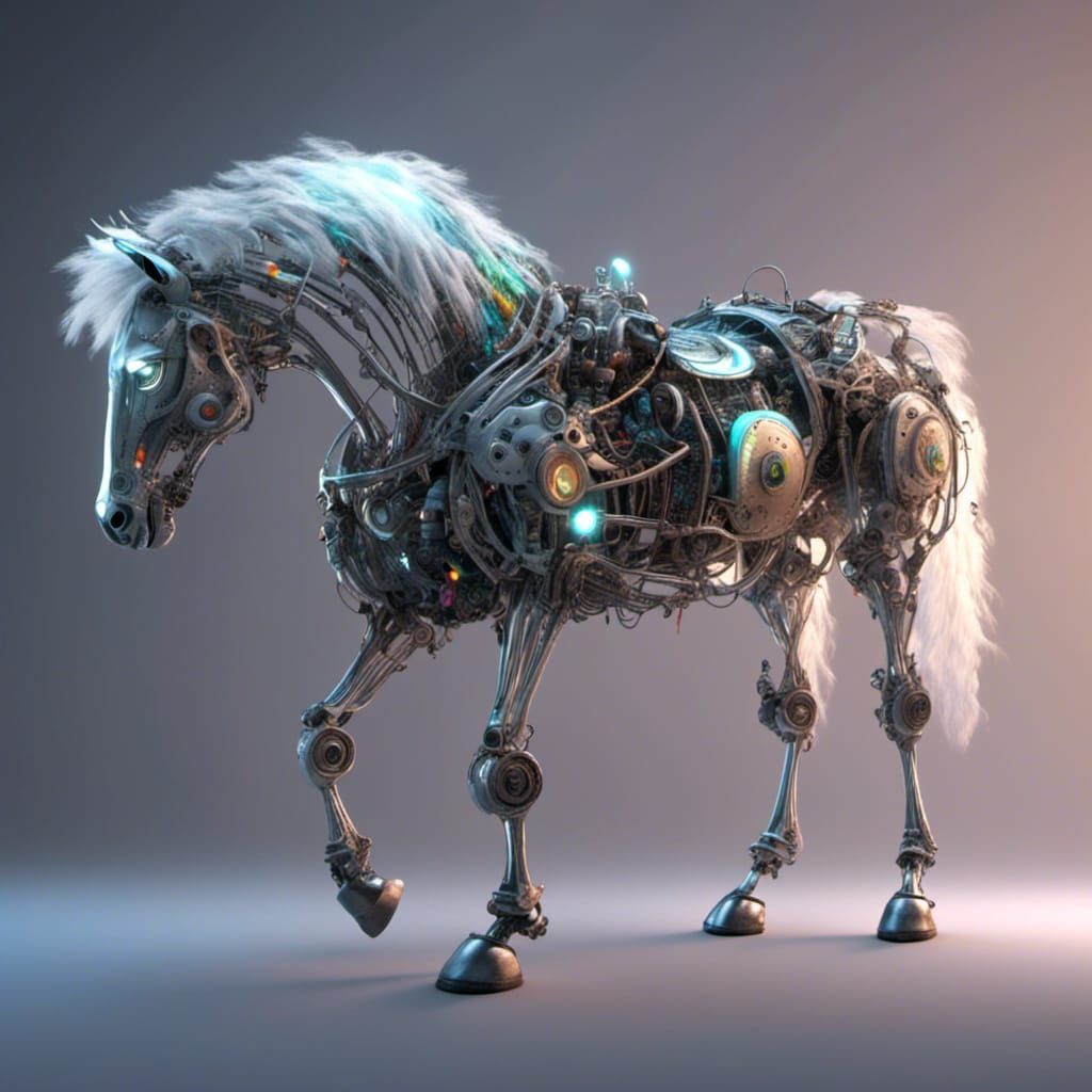 Animatronic Robot Horse with Rainbow Hair in HD Realism