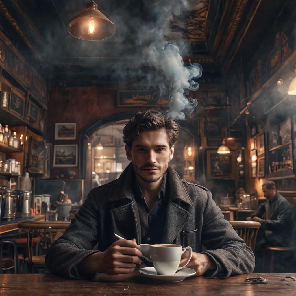Cinematic Coffee Shop Scene with Steaming Coffee