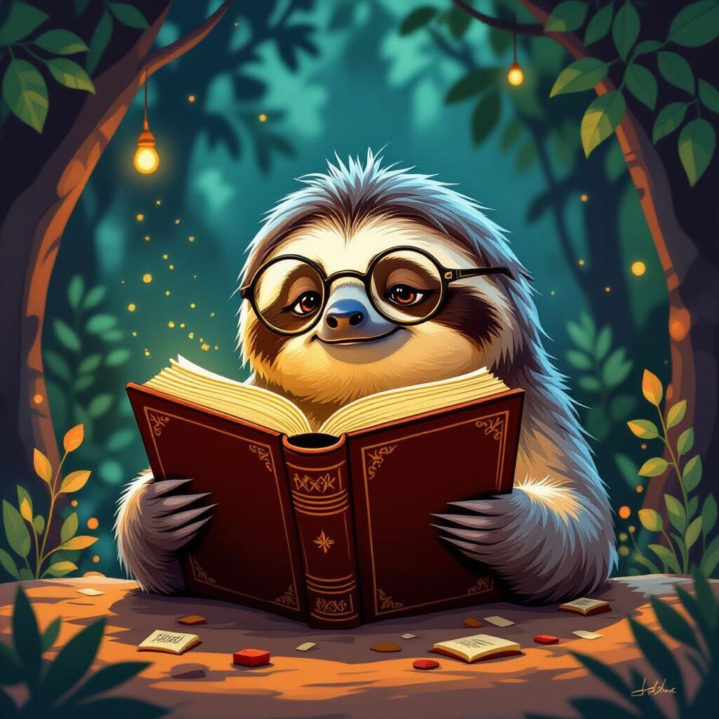 Curious Sloth Reads Ancient Book in Dreamlike Glow