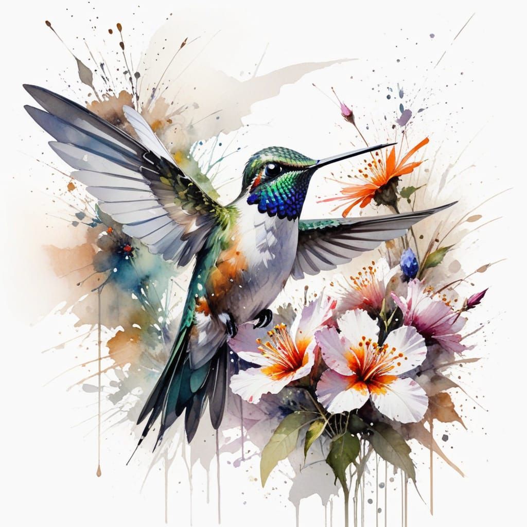 Hummingbird and Flower in Expressive Watercolour