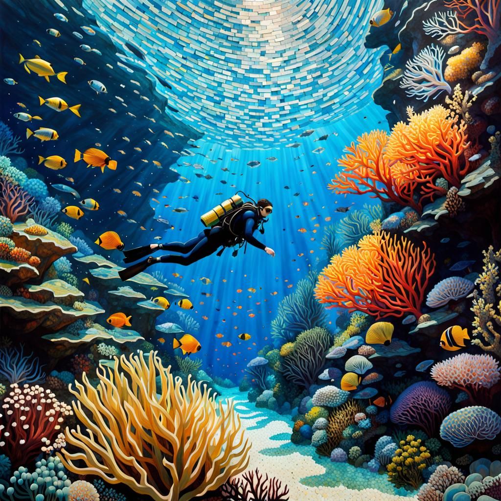 Glass Mosaic Scuba Diver in Coral Reef