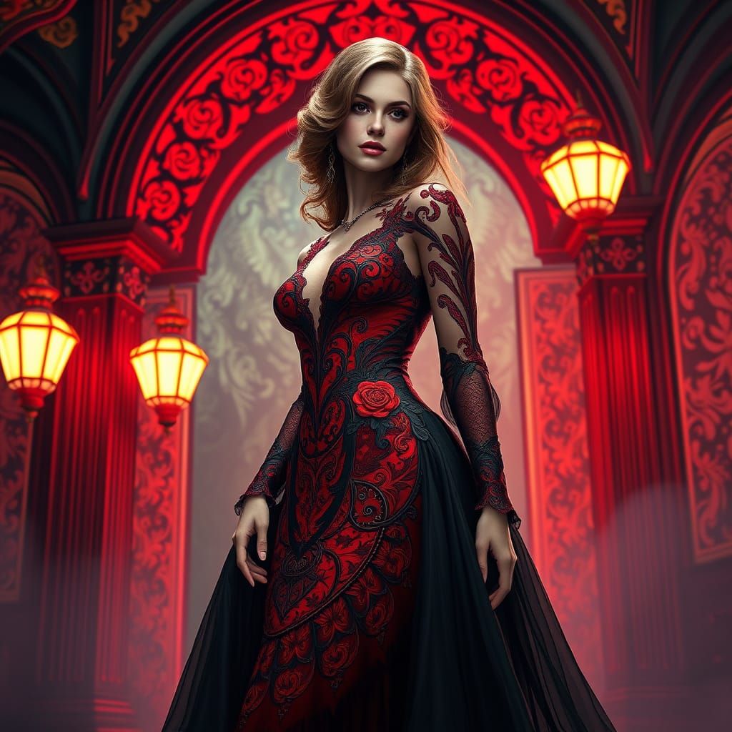 Woman in Red and Black Dress, Fantasy Realism