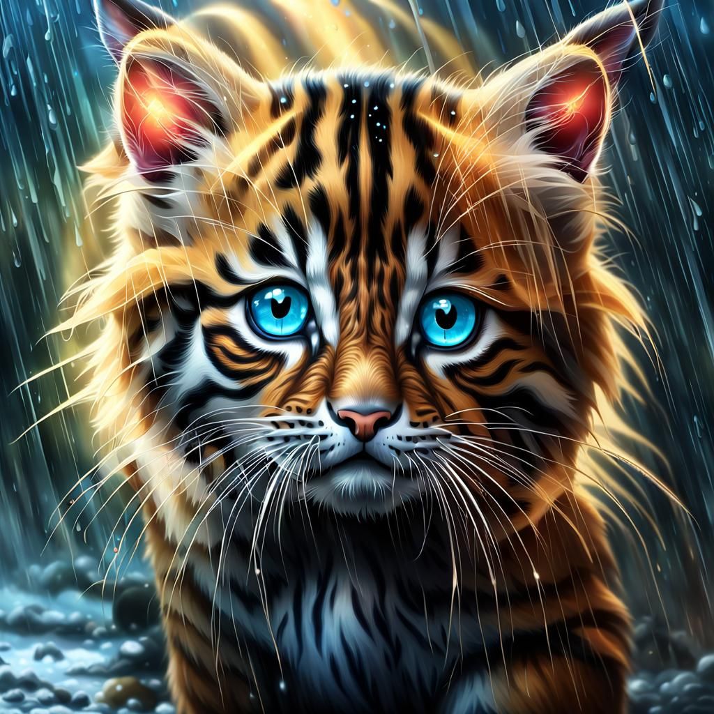 Crying Kitten with Wings in Rain: Digital Art