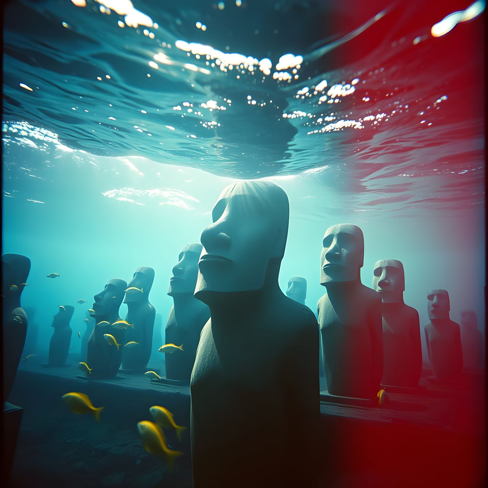 Easter Island Moai Heads in Epic Underwater Cinematic Scene