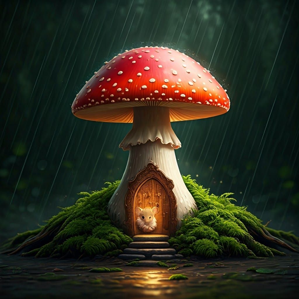 Enchanted Mushroom Home in Rainy Forest, Whimsical Realism