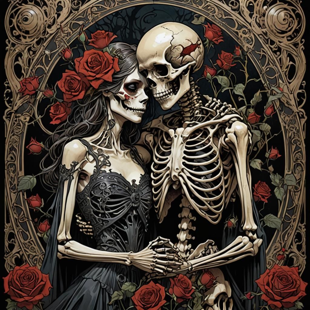 Gothic Horror Skeleton Couple in Art Nouveau Style