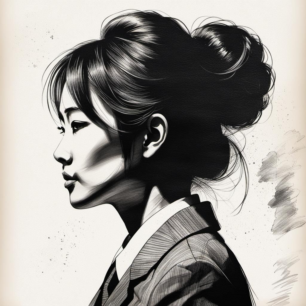 Silhouette of Asian Lady in Romantic Charcoal Sketch